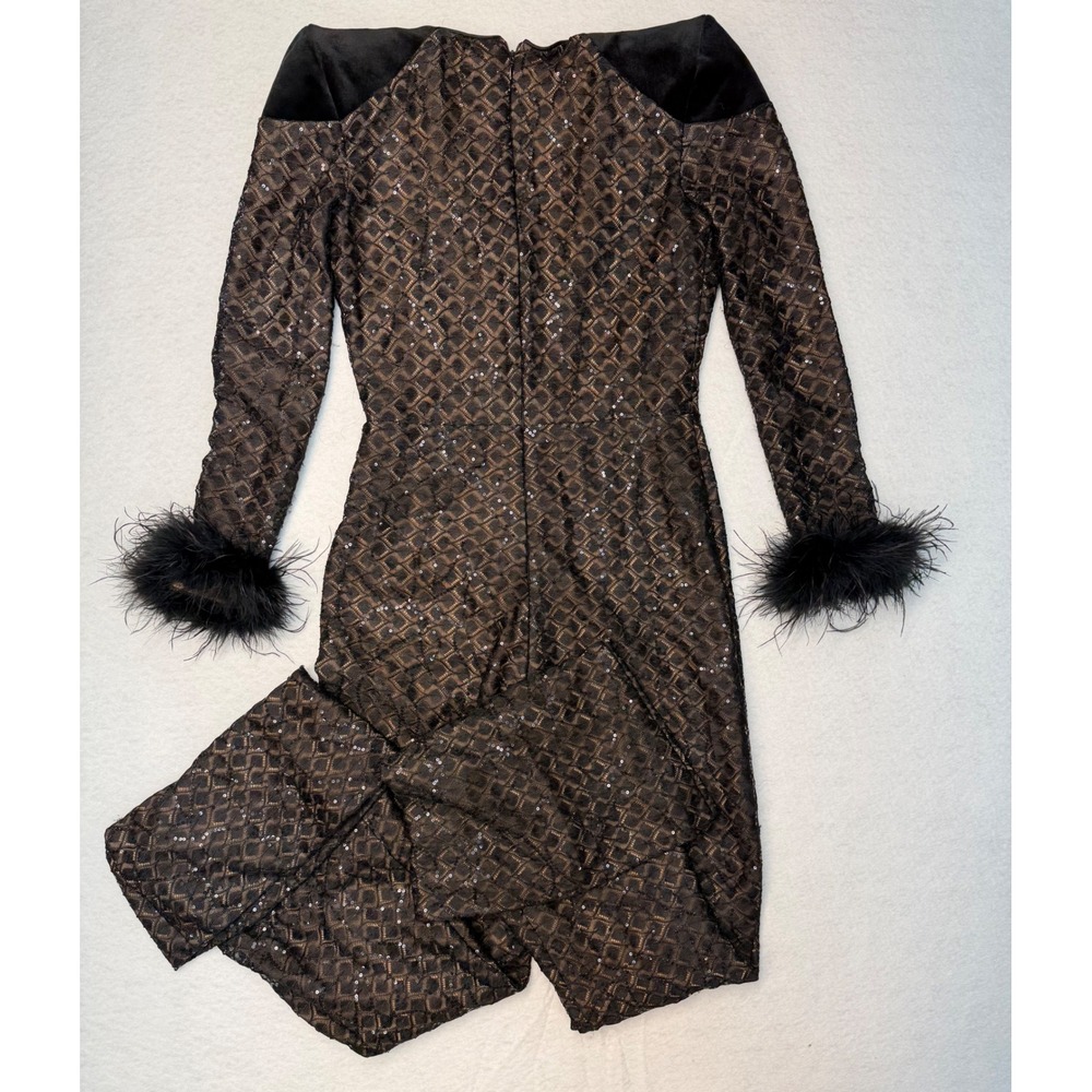 Nadine Merabi Black Sequin Lace Jumpsuit Feather Cuffs Flare Leg US 6 SM - Picture 3 of 7
